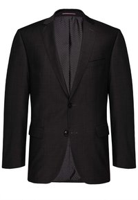 Schwarzer Blazer aus glattem Stoff, mit einem Reverskragen, zwei Kn�öpfen und einem gepunkteten Innenfutter. Gerade geschnitten mit seitlichen Taschen.
