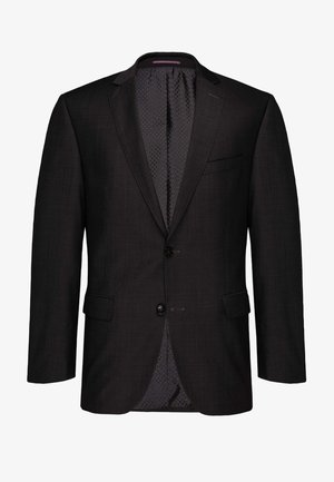 Black blazer made of smooth fabric, featuring a notched lapel, two buttons, and a dotted interior lining. Straight-cut with side pockets.