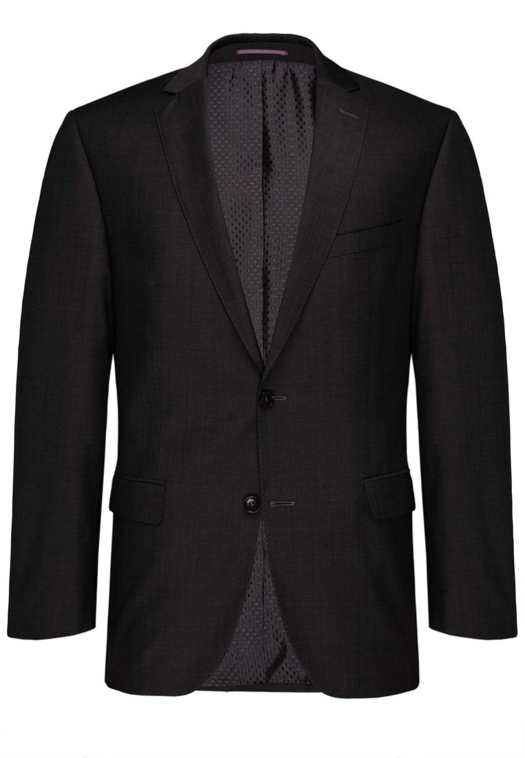 Schwarzer Blazer aus glattem Stoff, mit einem Reverskragen, zwei Knöpfen und einem gepunkteten Innenfutter. Gerade geschnitten mit seitlichen Taschen.