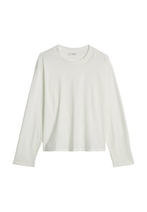 Weißes Langarm-T-Shirt mit Rundhalsausschnitt, geradem Saum und lockerem Schnitt, flach auf weißem Hintergrund dargestellt.