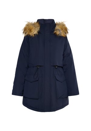 Parka bleu marin cu glugă din blană sintetică, două buzunare frontale, șnururi ajustabile la talie și închidere cu fermoar frontal.