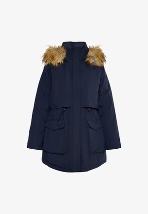 Marineblauwe parka met een nepbontcapuchon, twee voorzakken, verstelbare trekkoorden in de taille en een ritssluiting aan de voorkant.