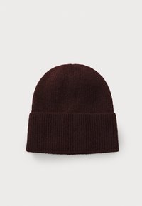 Burgundy knit beanie with a ribbed texture and folded cuff, made from a soft, warm material, ideal for cold weather.