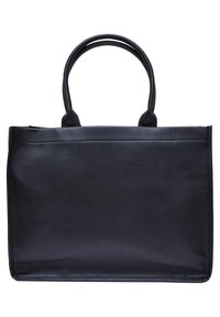 Czarna skórzana torba typu tote z dwiema okrągłymi rączkami, prostokątnym kształtem, gładką fakturą i minimalistycznym designem. Proste akcenty szycia.