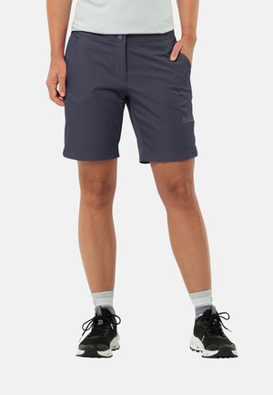 Marineblauwe shorts gemaakt van lichte stof, met een gladde textuur, platte tailleband met knoopsluiting en zijzakken.