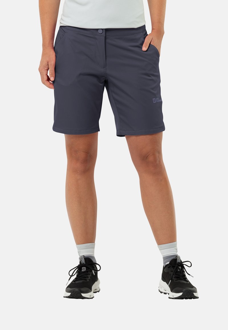 Marineblaue Shorts aus leichtem Stoff, mit glatter Struktur, flachem Bund mit Knopfverschluss und seitlichen Taschen.