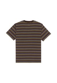 T-shirt à manches courtes rayé de couleur marron foncé, avec des rayures horizontales jaunes, bleues et blanches. Encolure ronde, en tissu coton, coupe décontractée.