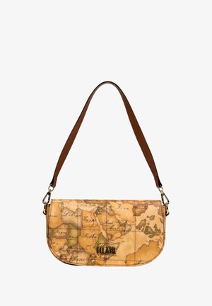 Sac en cuir marron pour l'épaule avec un imprimé de carte vintage, forme arrondie, fermeture à glissière et accents en métal doré.
