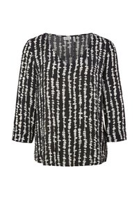 Blouse noire manches longues avec motif à pois blanc vertical et col en V.