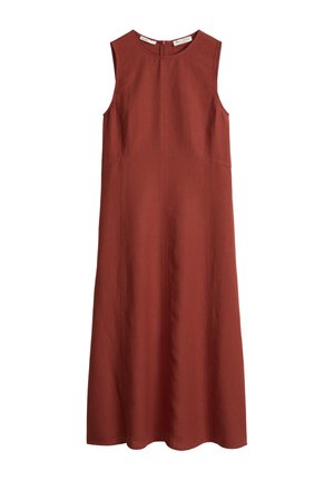 Sleeveless, rust-colored midi dress with round neckline and back zipper, featuring a simple, straight silhouette and subtle seam details.