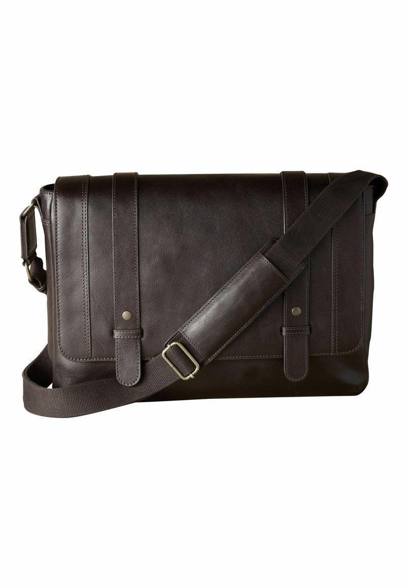 Dark brown leather messenger bag with a flat design, adjustable fabric strap, and metal hardware. Features dual front straps and clean lines.