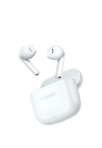 Drahtlose Ohrhörer aus weißem Kunststoff, mit einer runden Form und einem schwarzen Lautsprechergitter. Ein Ladeetui ist teilweise sichtbar, ebenfalls in weiß.