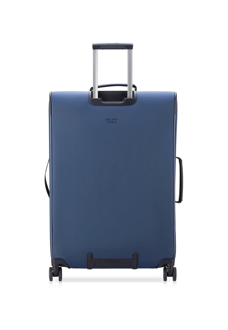 Marineblaue Hartschalenreisetasche mit einem ausziehbaren Griff, einem seitlichen Griff und vier Rollen für Mobilität. Verfügt über ein Branding auf der Vorderseite.