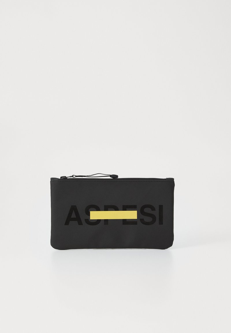Black pouch made of textured fabric, featuring a front zipper and bold printed text "ASPRESI" with a yellow horizontal line accent.