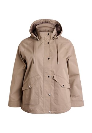 Bež jakna otporna na vodu s kapuljačom, s prednjim zatvaračem, drukerima i dva velika bočna džepa. Glatka tekstura i opušteni kroj.