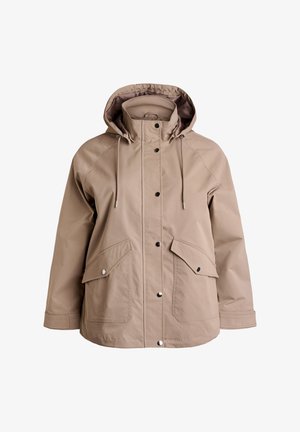 Beige veekindel jope kapuutsiga, millel on esikinnitus, nööbid ja kaks suurt küljetaskut. Sile tekstuur ja lõdvestunud istuvus.