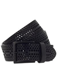 Ceinture en cuir noir avec un design perforé, dotée d'une boucle en métal rectangulaire. La ceinture a une texture lisse et une extrémité arrondie.