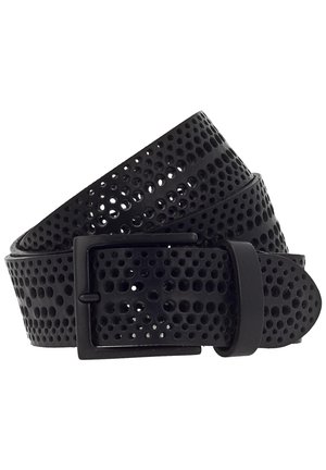 Ceinture en cuir noir avec un design perforé, dotée d'une boucle en métal rectangulaire. La ceinture a une texture lisse et une extrémité arrondie.