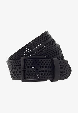 Ceinture en cuir noir avec un design perforé, dotée d'une boucle en métal rectangulaire. La ceinture a une texture lisse et une extrémité arrondie.