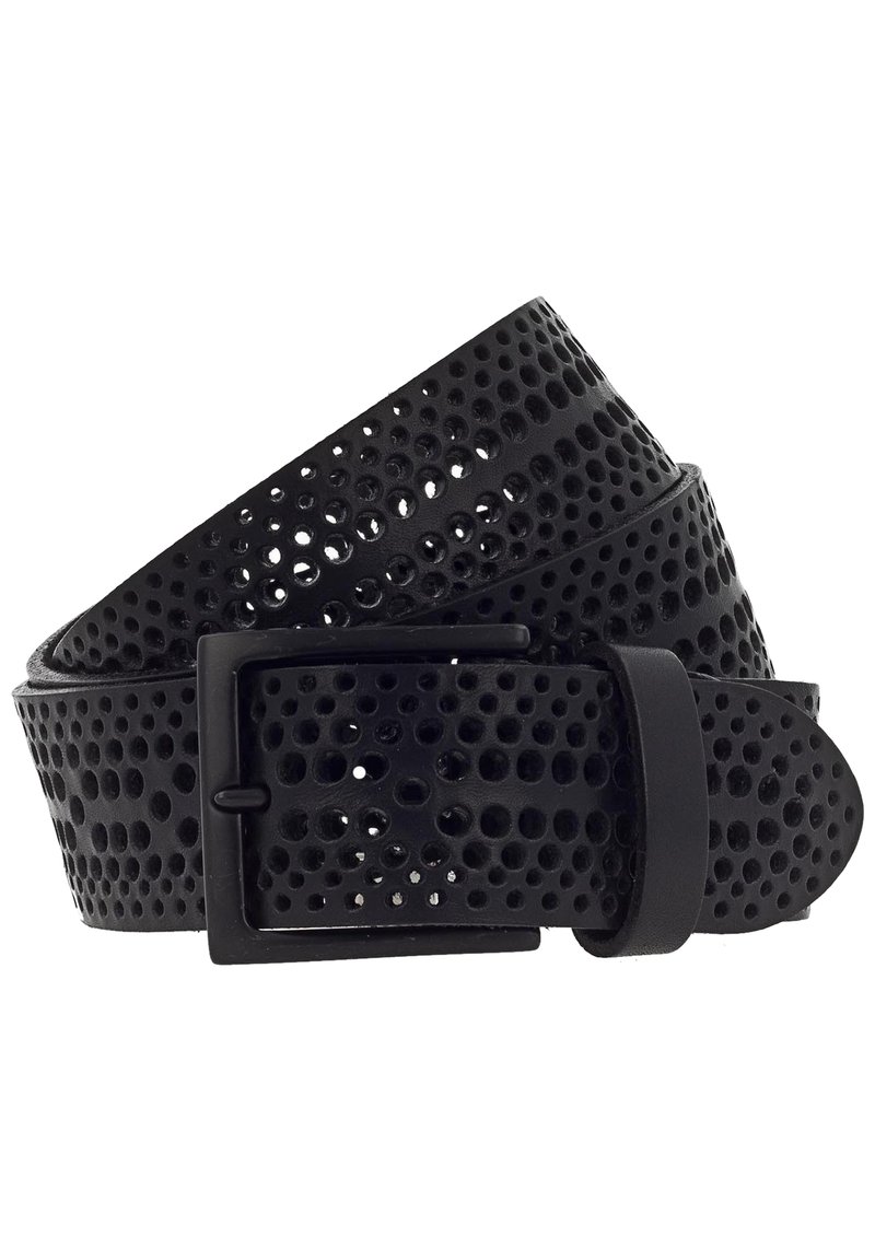 Ceinture en cuir noir avec un design perforé, dotée d'une boucle en métal rectangulaire. La ceinture a une texture lisse et une extrémité arrondie.