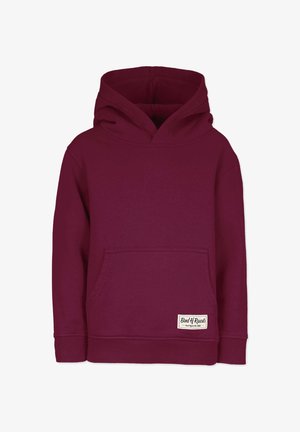 Bordeaux huppari, jossa on etupocket, ribattu hihansuut ja helma sekä pieni valkoinen logotagi vasemmalla alapuolella. Sileä rakenne.