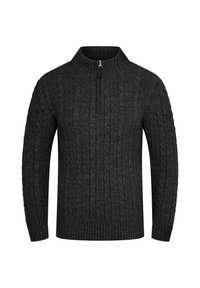 Dunkelgrauer Strickpullover mit hohem Kragen und Vier-Zoll-Reißverschluss. Gerippte Bündchen und Saum verleihen Textur und Struktur.