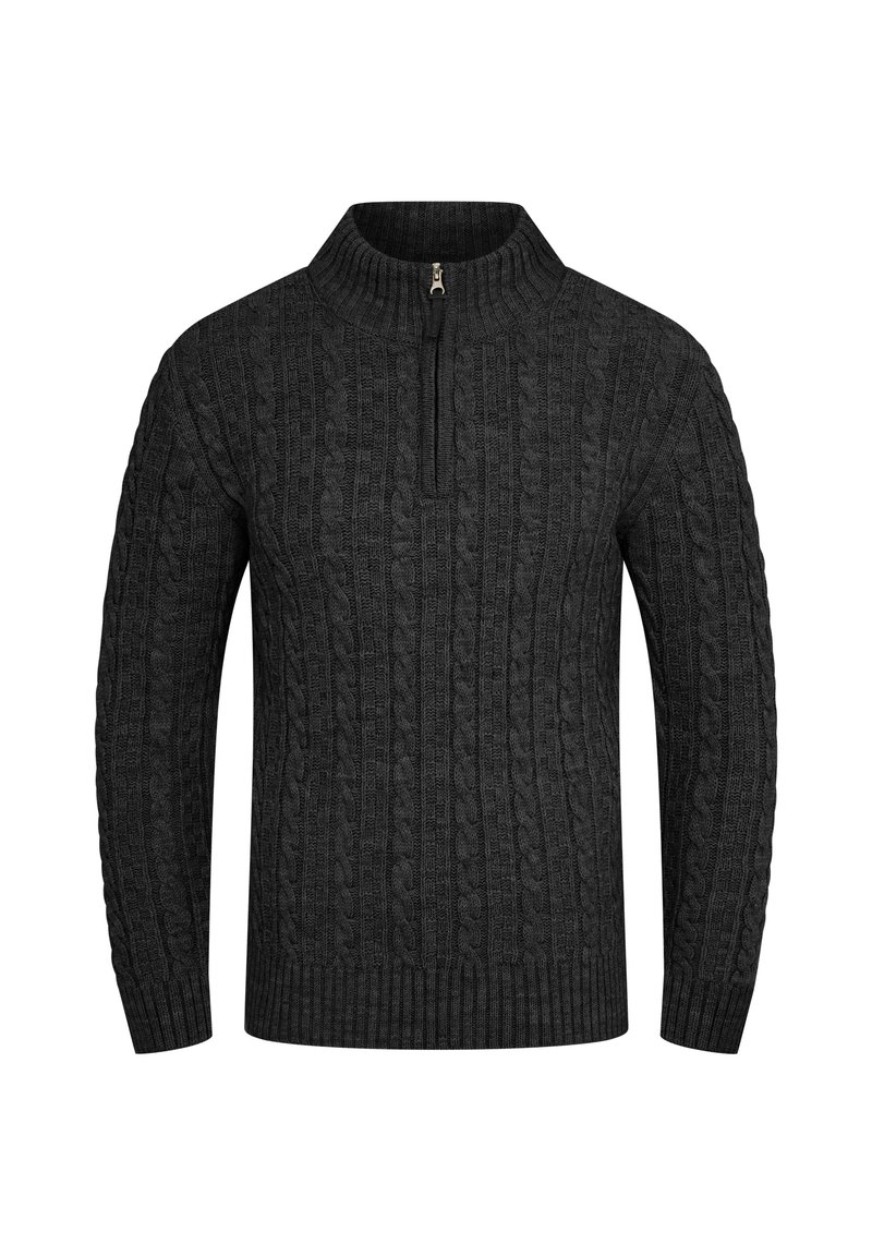 Dunkelgrauer Strickpullover mit hohem Kragen und Vier-Zoll-Reißverschluss. Gerippte Bündchen und Saum verleihen Textur und Struktur.