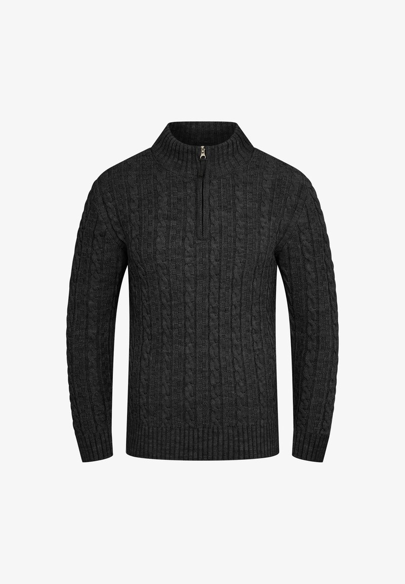 Dunkelgrauer Strickpullover mit hohem Kragen und Vier-Zoll-Reißverschluss. Gerippte Bündchen und Saum verleihen Textur und Struktur.