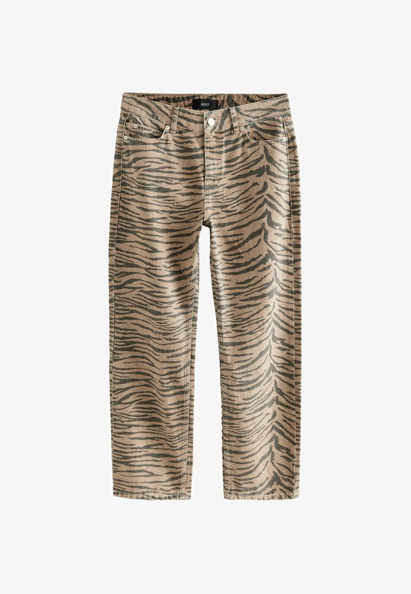 Pantaloni di cotone color sabbia con un motivo a strisce di tigre nero, dotati di cinque tasche, passanti per cintura e chiusura con bottone. Vestibilità classica a gamba dritta.