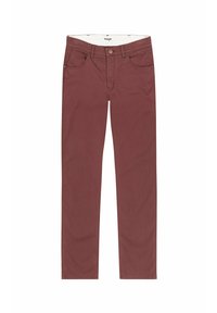 Pantalones de algodón burdeos con diseño de cinco bolsillos, cierre frontal de cremallera y botón, y detalles de costura en contraste. Corte recto.