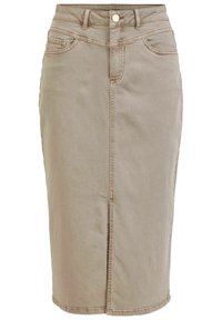 Khaki denim sukně s rovnou siluetou, délka ke kolenům, přední rozparek, pět kapes a kontrastní švy.