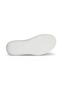 Semelle de chaussure en caoutchouc blanc avec un motif texturé et strié ainsi qu'un logo en relief. Bords lisses et forme arrondie.