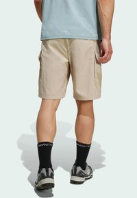 Beige cargo shorts with side pockets, worn with black socks and gray hiking shoes, viewed from the back. Smooth texture, casual design.