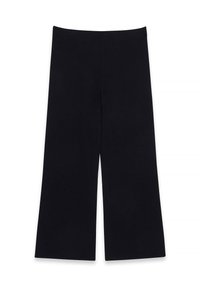 Pantalon noir large et court avec une taille haute, sans poches ni fermetures visibles, sur un fond blanc.