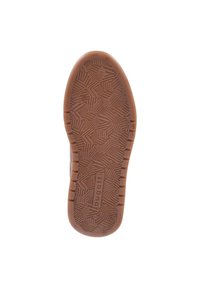 Brown rubber shoe sole featuring a patterned tread design with intersecting lines and shapes. Brand logo visible on the side.