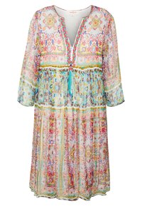 Vestido colorido de manga larga en tela ligera que presenta un patrón floral y geométrico, un escote en V y borlas decorativas en la parte delantera.