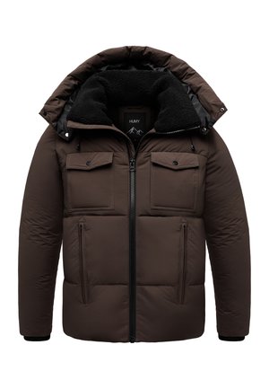 Dunkelbraune Steppjacke mit Reißverschluss, einem fleecegefütterten Kapuzen, vier Außentaschen und gerippten Bündchen für zusätzliche Wärme.