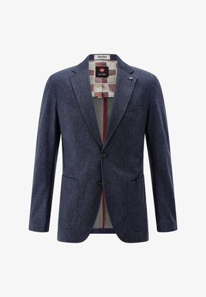 Tailored navy blazer in textured fabric, featuring two front pockets, single button closure, and a patterned interior lining with red accents.