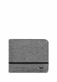 Šedá látková peněženka s texturovaným povrchem, se černým akcentním pruhem a subtilním logem v dolním rohu. Kompaktní obdélníkový tvar.