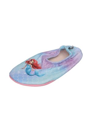 Child's pastel blue and purple slip-on slipper featuring a red-haired mermaid illustration with a scale pattern background.