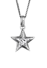Silver star pendant with a textured surface, suspended from a shiny chain. The star features five points and a smooth loop for attachment.