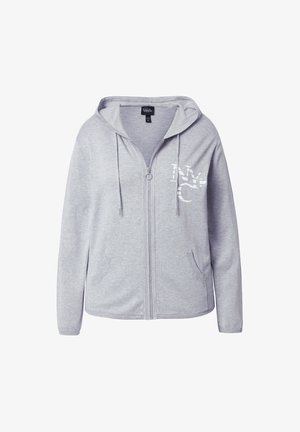 Grauer Reißverschluss-Hoodie mit einer Front-Kängurutasche, Kapuze mit Kordelzug und weißem "NYC"-Grafikdesign auf der linken Brust. Weicher, strukturierten Stoff.