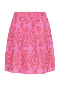 Rosa broderad kjol med intrikata orange blommönster, elastisk midja och en utställd silhuett.