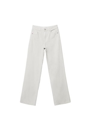 Weiße Denim-Weitbeine mit hoher Taille, Five-Pocket-Design und tonalem Nähen. Knopf- und Reißverschluss. Glatte Oberfläche.