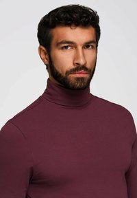 Burgundyröd polokrage tröja gjord av ett mjukt, stretchigt tyg. Har en figurnära design med hög krage och långa ärmar.