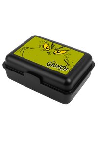 Scatola per il pranzo nera con un design del Grinch verde che presenta grandi occhi gialli e contorni neri. Il coperchio ha il testo "Il Grinch" in carattere grassetto.