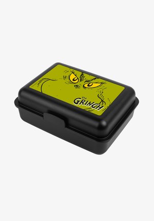 Scatola pranzo rettangolare nera con coperchio giallo-verde che presenta gli occhi del Grinch e il testo "Il Grinch".