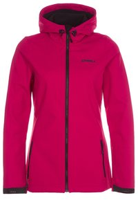 Fuksjowa kurtka ocieplana z zapięciem na zamek, regulowanym kapturem i czarnymi akcentami. Posiada boczne kieszenie na zamek oraz logo na klatce piersiowej.