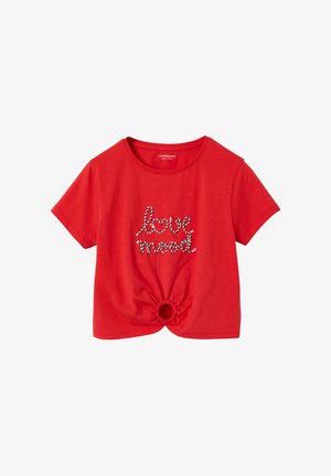 Red short-sleeve crop top with a round neckline, twisted knot detail at the hem, and "love mood" text in rope-style font on the front.