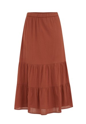 Midi krilo rjave barve z elastičnim pasom in zloženo naborko na robu, s subtilno teksturo navpičnih črt.